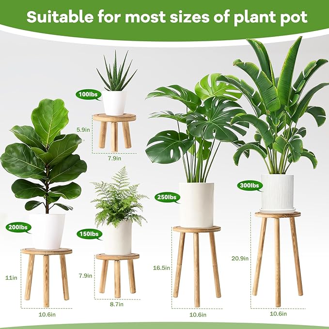 5-Pack Wood Plant Stands Indoor, Single Plant Stand for 6-22 Inch Pots, Mid-Century Modern Plant Stool, Tall Plant Stand for Large Plants Perfect Fit for Living Room, Balcony, Office (Light Brown)