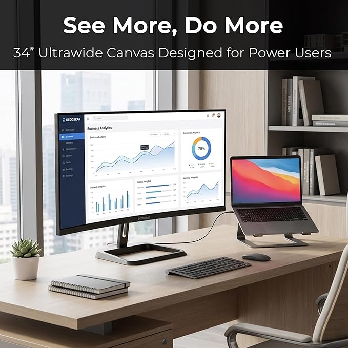 Deco Gear 34-Inch Business Curved Super UltraWide WQHD Monitor 3440 × 1440 R1500 100Hz 1ms 99% sRGB HDR 2× DisplayPort 2× HDMI Tilt Adjustable PIP/PBP Low Blue Light, American Seller