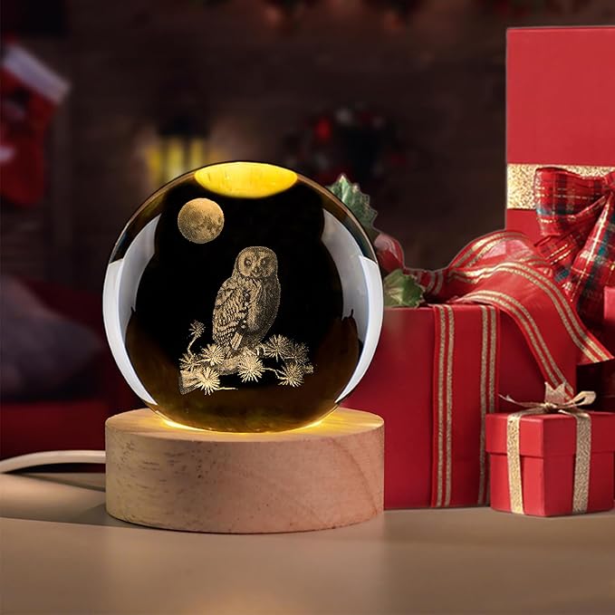 3D Laser Etched Owl Crystal Ball with LED Stand, Glass Owl Animal Figurine Lamp Night Light Gifts for Women Kids(2.4 in)