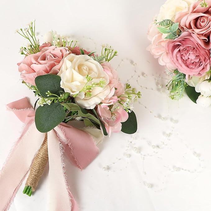 Set of 6 Wedding Bridesmaid Bouquets - 7 Inch Artificial Flowers Bouquets for Ceremony Anniversary Centerpieces Decorations - Pink & White