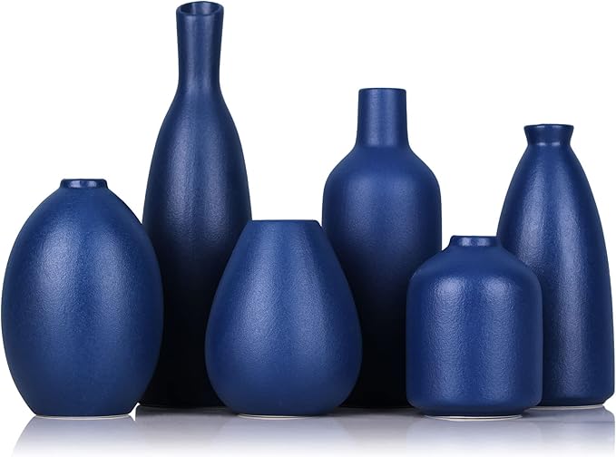 Blue Ceramic Vase - Set of 6 Blue Bud Vases, Modern Farmhouse Navy Blue Decorative Vases for Home, Office, Living Room, Table Decor - Ideal Centerpieces for Flowers, Shelf and Fireplace Accents