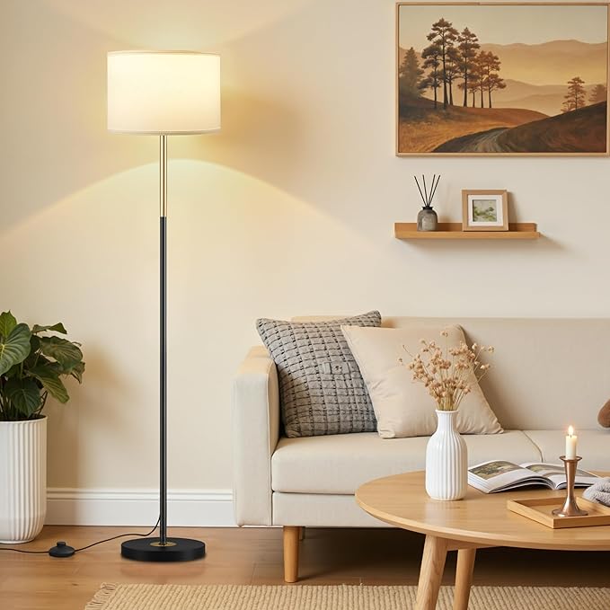 Ambimall 60'' Modern Floor Lamp with Shade, Tall Lamps for Living Room, Bedroom, Office, Dining Room, Gold & Black Lamp Pole(Without Bulb)