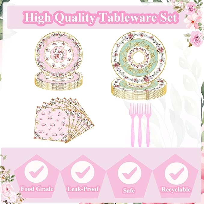 96pcs Floral Party Supplies Flower Paper Plates and Napkins Tableware Set for 24 Guest Floral Party Disposable Paper Dinner Plates Napkins Forks for Birthday Bridal Shower Tea Party Supplies