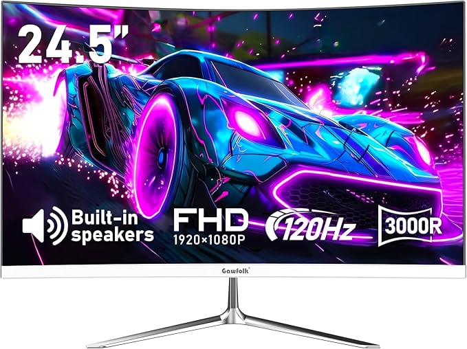 Gawfolk 24.5 Inch Gaming Curved Monitor Built-in Speakers, 3000R 120Hz White PC Screen Full HD 1080P, HDMI 2.0, VGA, Wall Mount Compatible 75 * 75mm
