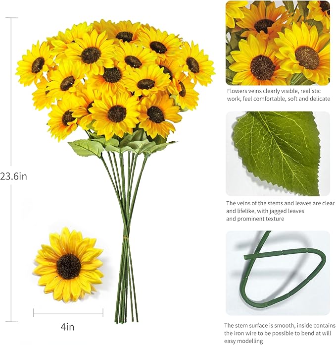 Artificial Sunflowers 23.6in 10 Bundles Total 30 Heads Fake Flowers Bouquet,Realistic Silk Artificial Yellow Sunflowers for Wedding Home Office Parties Summer Decoration