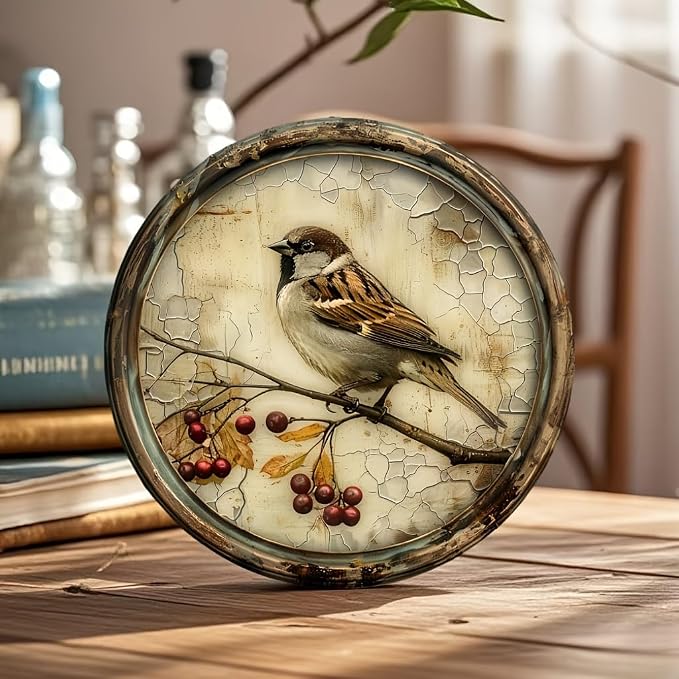 A Vintage Bird with a Cherry Round Wooden Sign, 7.98X7.98 Inches,Printed Wooden Wall Art, Suitable for Home, Kitchen, Garden, And Office Decor - The Perfect.