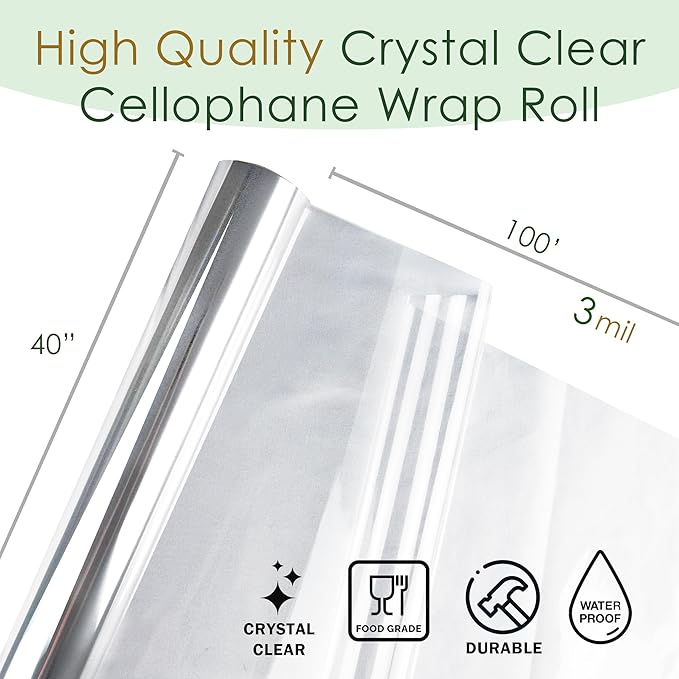 Craft And Party Clear Cellophane Wrap Roll, 40" X 100ft Cellophane, Gift Wrap Roll - Not Folded