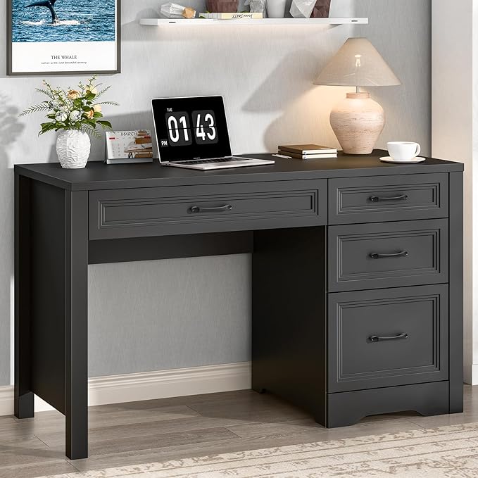 Vabches Farmhouse Executive Desk with Storage and Ample File Drawer, Rustic Large Home Writing Desk for Bedroom, Pure Black