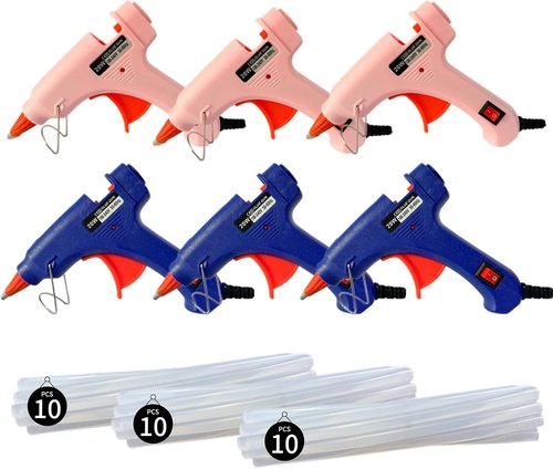 Mini Hot Glue Gun Set by [Brand Name] - 6 Pack (3 Pink & 3 Blue) with 30 Long Glue Sticks | Ideal for Crafts & DIY Projects, 20W