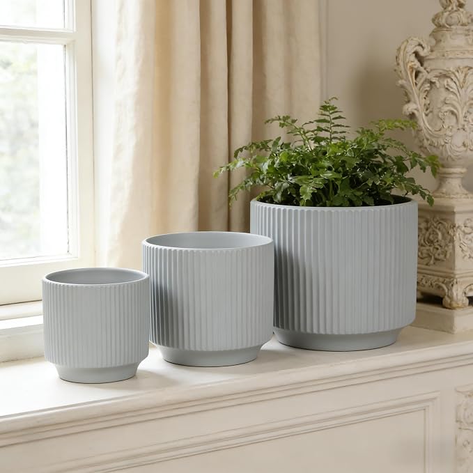 Oakrain Plant Pots with Vertical Stripes 7.8/6.5/5.2 inch, Set of 3 Modern Decorative Planters for Indoor Outdoor Plants, Flower Pot with Drainage Holes, Ceramic Blue