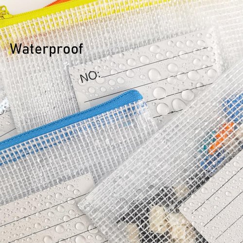 AUSTARK Plastic Mesh Zipper Pouch - 12 Waterproof File Bags with Label Pocket | A6 Size 6.3x4.7 in