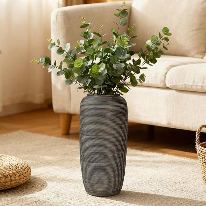 Vintage Ceramic Floor Vase – 15.7 Inch Distressed Glazed Oversized Floor Urn, Rustic Country Decor for Entryway, Living Room & Corner