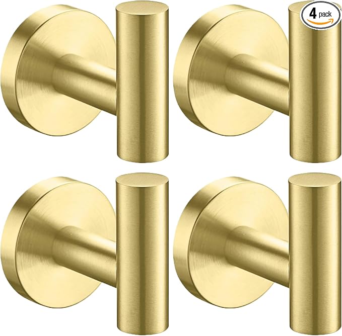 Nolimas Bathroom Towel Hooks, SUS 304 Stainless Steel Coat Hook Round Clothes Towel Coat Robe Hook Cabinet Closet Door Sponges Holder for Bath Kitchen Garage Hotel, Wall Mounted, Brushed Gold, 4Pack