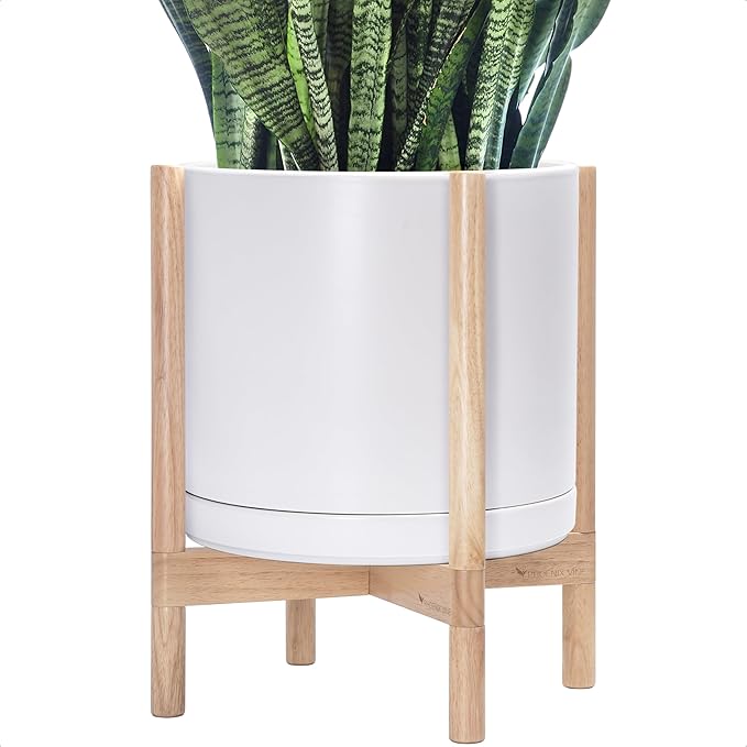 D'vine Dev Ceramic Planter with Natural Stand - 14 Inch Modern Round Flower Pot with Wood Planter Holder, White, 55-B-R-1