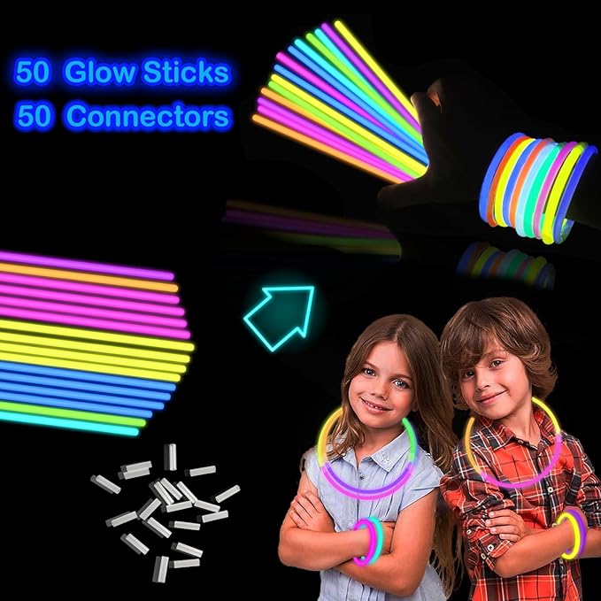 Glow Sticks Party Pack 8"-50, Light up Bracelets & Necklaces Accessories for Kids, Neon Glow in the Dark Christmas NYE Party Favor Supplies Decoration for Xmas Birthday Camping Wedding Dance Parade