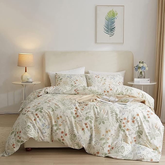 Vintage Style Floral Duvet Cover Queen Soft 100% Cotton Botanical Flower Bedding Set Aesthetic Floral Comforter Cover for Girls Women Chic Vintage Flower Cottagecore Duvet Cover with Zipper Closure
