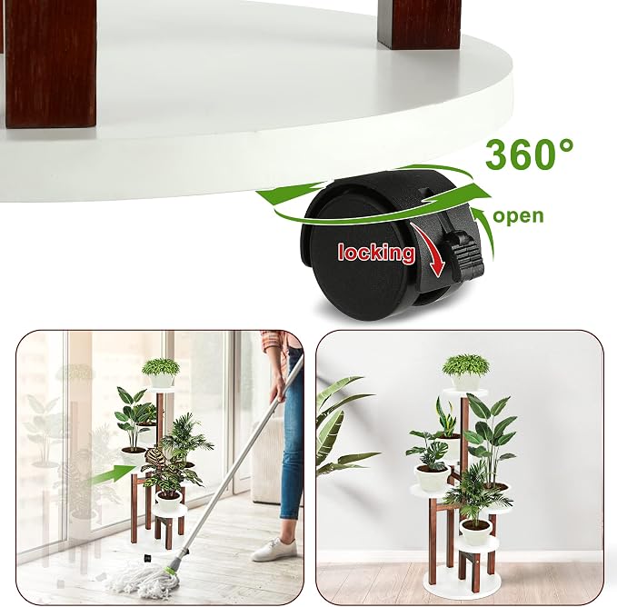 Plant Stand Indoor with Wheels - 5 Tiered Wood Corner Plant Stands For Living Room Balcony Garden Patio Outdoor- Espresso White
