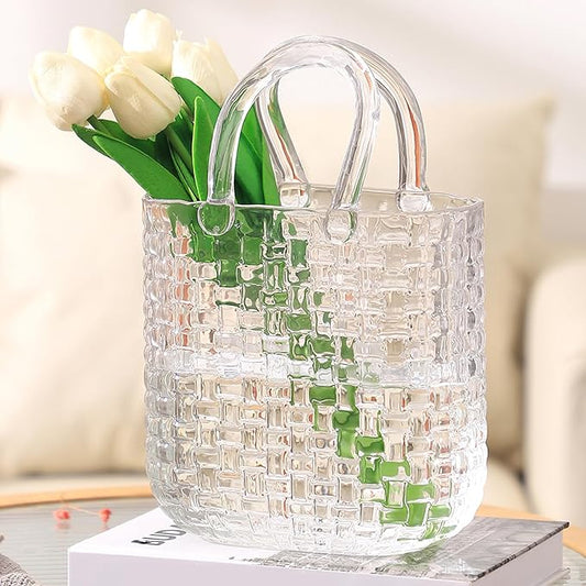 Glass Purse Vase, Purse Vase for Flowers, Unique Purse Flower Vase, Large Glass Bag Vases, 10 Inch Handbag Shaped Vases for Home, Living Room, Bedroom, Table, Office Decor