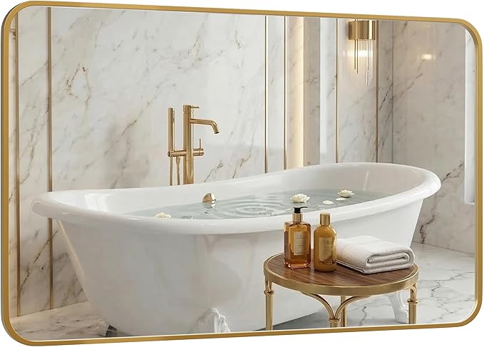 30x48 Inch Oversized Antique Gold Bathroom Vanity Mirrors | Flush Mount Deep Set Metal Wall Mirror for Over Sink | HD Shatterproof Glass, Rustproof | 1 Pack