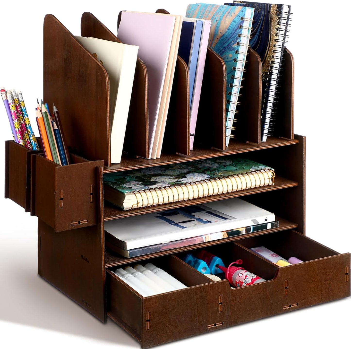 Wonderjune 4-Tier Wooden Desk File Organizer - Multifunctional Office Accessories with 5 Vertical Holders & Drawer