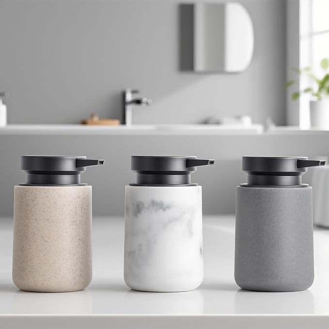 Clasin Home Liquid Soap Dispenser with Easy-to-Press Pump, 10 oz Refillable Hand Soap Dispenser with Extended Spout for Bathroom Kitchen Dish Lotion, Modern Stone Texture (Gray)