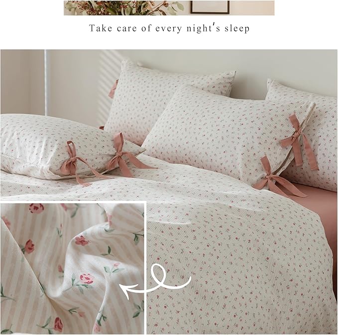 Pink Flower Duvet Cover Queen Vintage Garden Style Girls Comforter Cover Pink Stripes Bedding Set Cotton Rose Flower Comforter Cover with 2 Bow Ties Pillowcases Botanical Cottagecore Duvet Cover Set