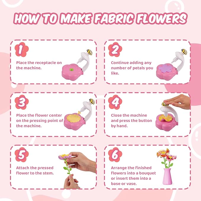 Fabric Flower Bouquets Toys with Light & Music, Deluxe DIY Arts and Crafts Kits for Kids 4-10 Year Old with Ribbons, Fridge Magnets, Greeting Cards, Birthday Gifts for Age 4 5 6 7 8 9 10 Girls (Pink)