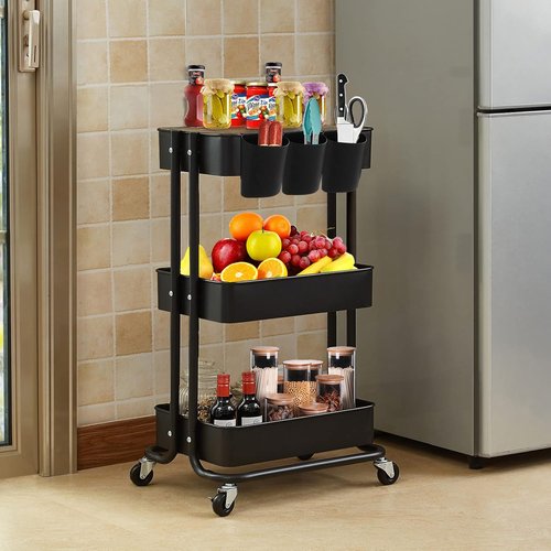 Skiennix 3-Tier Metal Rolling Cart - Versatile Storage Solution for Office & Kitchen, Black