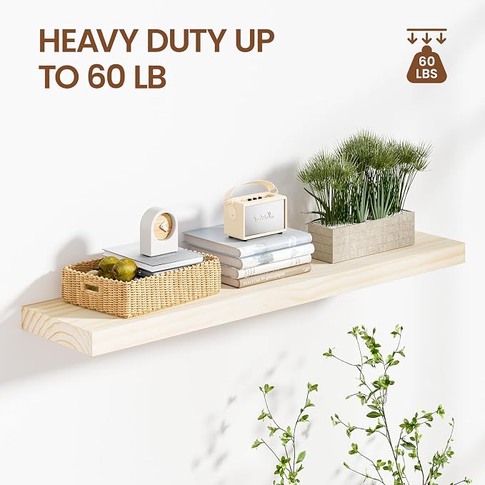 Heimlove Unfinished Wood Floating Shelves, Pine Shelves for Wall Set of 2, Wall Mounted Rustic Wood 8 Inch Deep Floating Shelf with Invisible Brackets for Bedroom Kitchen Living Room - Natural, 36x8