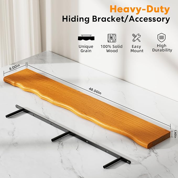 Solid Wood Live Edge Floating Shelves Set of 2 – 48" Rustic Wall Shelf with Hidden Bracket System, Wall Mounted Shelves for Bathroom, Kitchen, Living Room, Bedroom (Honey Walnut)