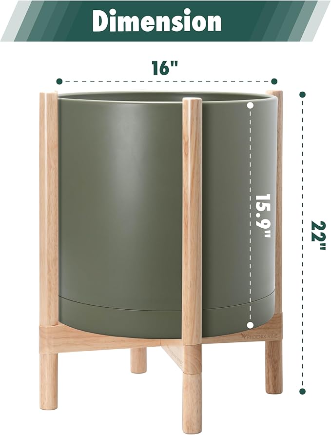 D'vine Dev Planter Pot with Stand - 16 Inch Plastic Cylinder Flower Pot with Wood Planter Holder for Indoor, Olive Pot + Natural Stand, 55-C-Y-3