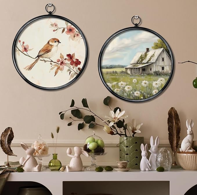 XIAOAIKA Round Vintage Wall Hanging Decor, Printed Textured Surface with Wood Back, Bird Design, Black Metal Frame, Ready to Hang for Living Room Bedroom, 10 Inch