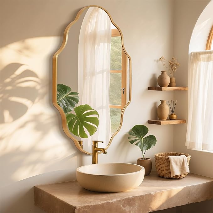 Scalloped Mirror for Bathroom - 24"x36" Gold Bathroom Mirror with Aviation Aluminum Alloy Frame & Shatter-Proof Glass for Living Room Bedroom Entryway, Brushed Gold Frame(x1)