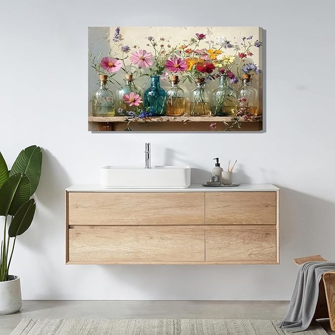 1Pcs Framed Retro Farmhouse Flowers Canvas wall art Colorful wildflowers Posters Prints Colored glass bottles Artwork Pictures Printing Wall Decor for Living Room Bedroom Bathroom Home Decoration