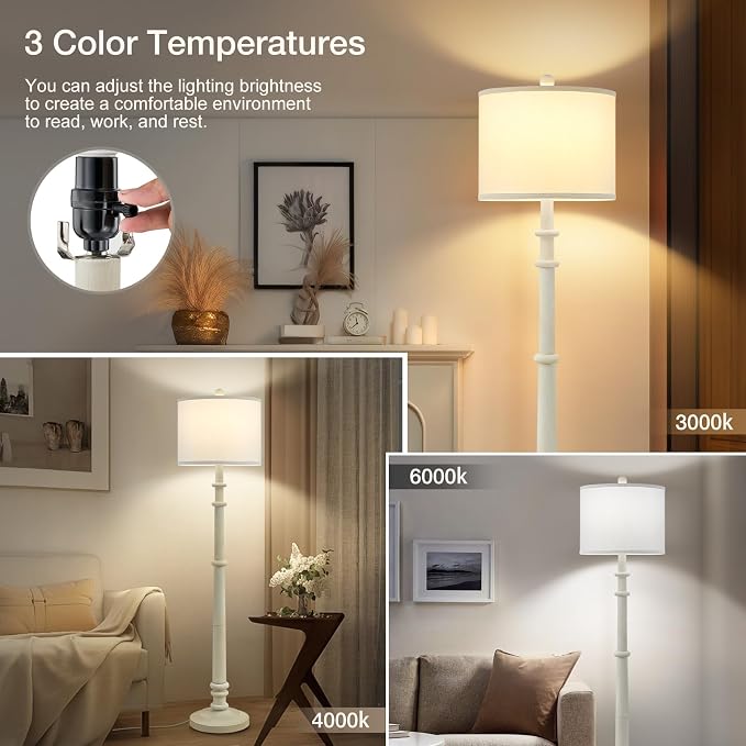Floor Lamps for Living Room - 60" Resin Farmhouse Floor Lamp with Adjustable Color Temperatures - Vintage Standing Lamp Reading Light with Linen Shade Retro Tall Lamp for Bedroom Office, Almond White