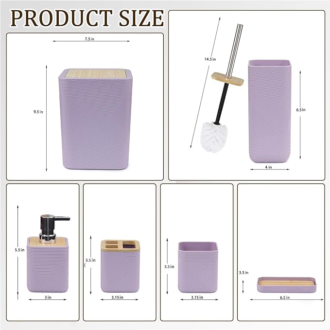 CERBIOR Bathroom Accessories Set 6 Piece Bamboo Bath Ensemble Includes Soap Dispenser, Toothbrush Holder, Toothbrush Cup, Soap Dish for Decorative Countertop and Housewarming Gift (Purple)
