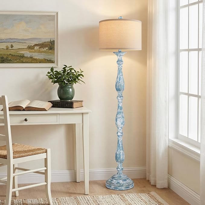 PARTPHONER Vintage Floor Lamp for Living Room, Rustic Farmhouse Standing Lamp with Rotary Switch and Linen Shade, Retro Resin Floor Lamp for Bedroom, Corner, Dining Room, House Decor, Wash Blue