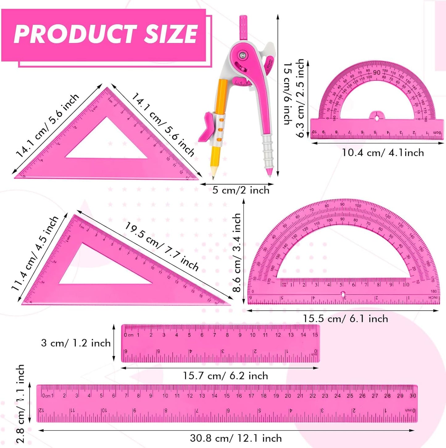 Zonon Geometry Math Set - 7-Piece Plastic Kit with Protractor, Compass, Rulers | Pink