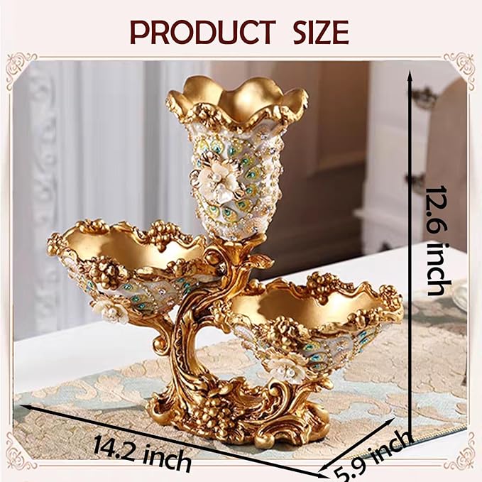 Elegant Large Flower Vases with 2 Tiered Fruit Bowl for Kitchen Counter, Resin Fruit Basket Plate for Snack, Candy Storage(White & Gold)