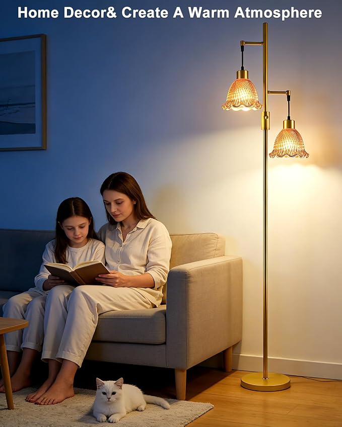 Lightdot 65IN Gold Flower Floor Lamp for Living Room, 2- Light Dimmable Floor Lamps with Deep Red Glass Lampshade,3000K Warm White Modern Standing Tall Lamp with 5Lbs Heavy Base for Bedroom Sofa