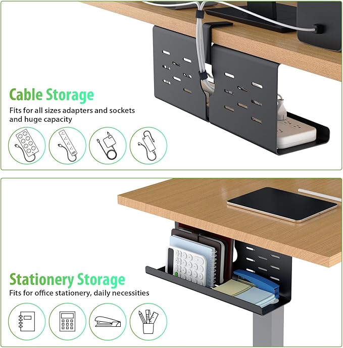 KEEGH 16" Under Desk Cable Management Tray, 2 Pack Desk Cord Organizer Upgrade Capacity, Drill Free Clamp/Screw Mount, Sturdy Metal Tray for Connect Cables, Home, Office, Black