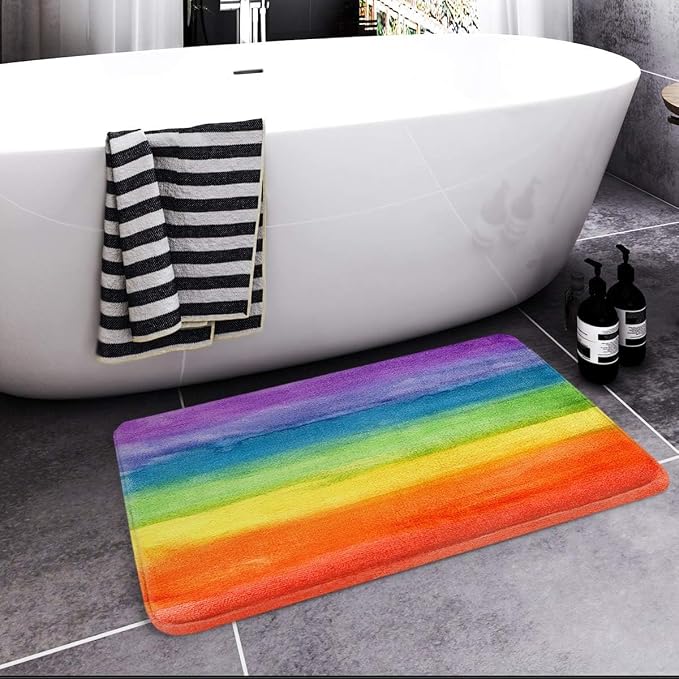 Britimes Bath Mat for Bathroom, Colorful Stripe Rainbow Washable Cover Floor Rug Carpets Floor Mat Bathroom Decorations 16x24 Inches for Kitchen Bedroom Indoor