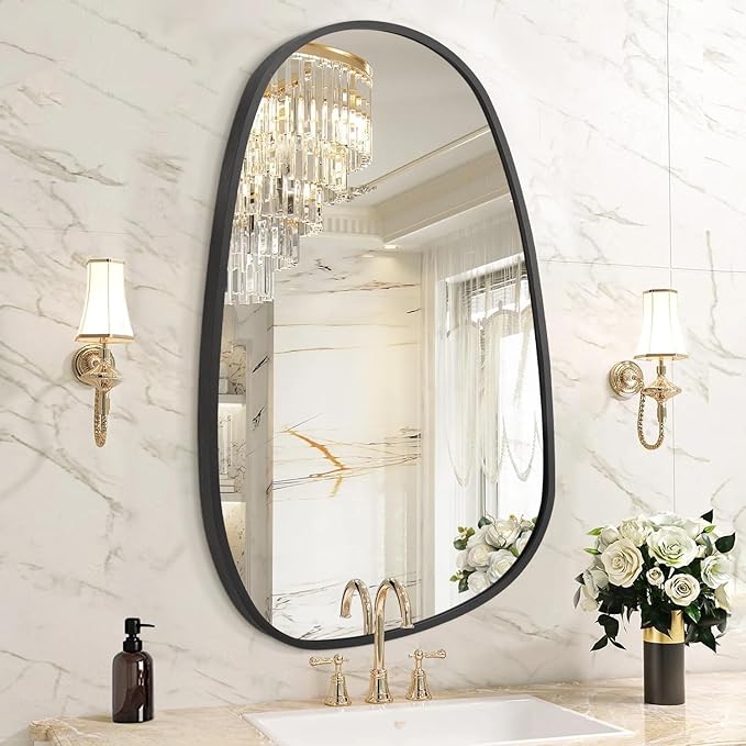 Black Irregular Bathroom Mirror for Wall, Aluminum Alloy Frame Asymmetrical Mirrors Brushed Metal Vanity Wall Mounted Mirror for LivingRoom Bedroom Room Home Decor Large 26"x14"