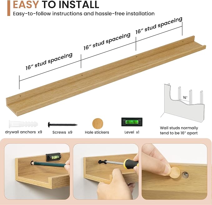 Dreamland Picture Ledge Shelf for Wall, Floating Shelves Set of 2,55 inch Long Floating Shelves with Lip for Living Room,Bedroom,Bathroom,Kitchen,Oak