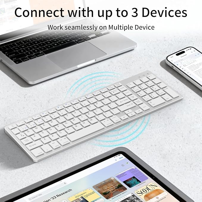 KVTVOU for Ultra-Slim Wireless QWERTY Keyboard, 3-in-1 Connection Modes (Dual Bluetooth+2.4G), Multi-Device Switching, Power-Saving & Anti-Slip, Compatible with PC/Laptop/Tablet/Phone, Sliver