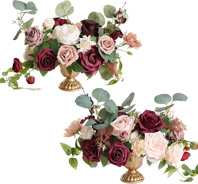 Ling's moment Wedding Centerpiece Flower with Vase for Ceremony/Reception Tabletop Mantel Archway Aisle, Set of 2 | Romantic Marsala