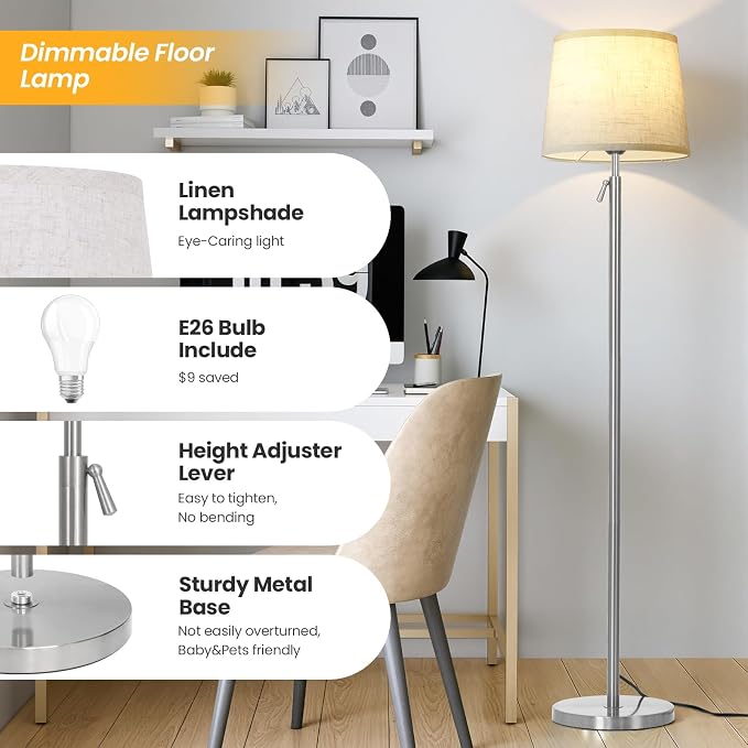 Modern Floor Lamp for Living Room and Bedroom- 55"-67" Height Adjustable Standing Lamps with Dimmable LED Bulb and Remote Control-Bright Tall Stand Light with Shade for Corner Lighting （Silver）