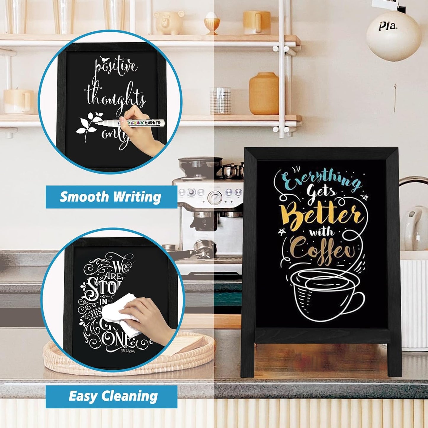 4 THOUGHT Mini Chalkboard Signs - 9.5" x 14" Magnetic Tabletop Menu Board with Wooden Frame for Kitchen & Cafe