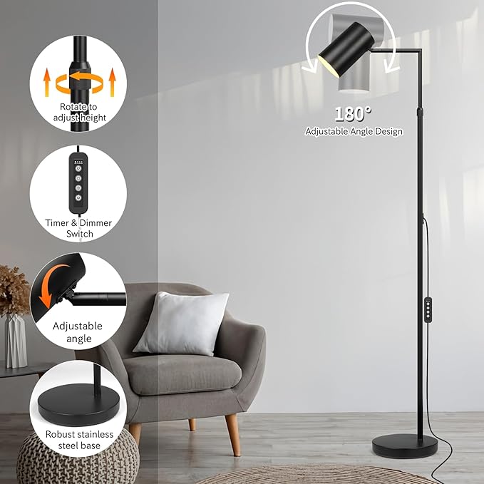 Ldeco Arc Black Floor Lamp for Living Room with Timer, Stepless Dimmable&Height Adjustable Modern Reading Standing Lamps for Living Room,Reading Room,Office,LED Bulb Included (Black-DM)
