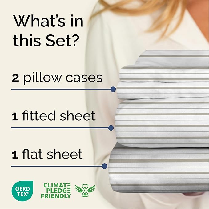 Striped Sheets - Light Grey & White Striped Sheets - 1 Flat & 1 Fitted & 2 Pillowcases w/ Deep Pockets – Wrinkle & Fade Free - Soft, Breathable & Cooling – Luxury Pinstripe Bedding - Full Size Bed Set